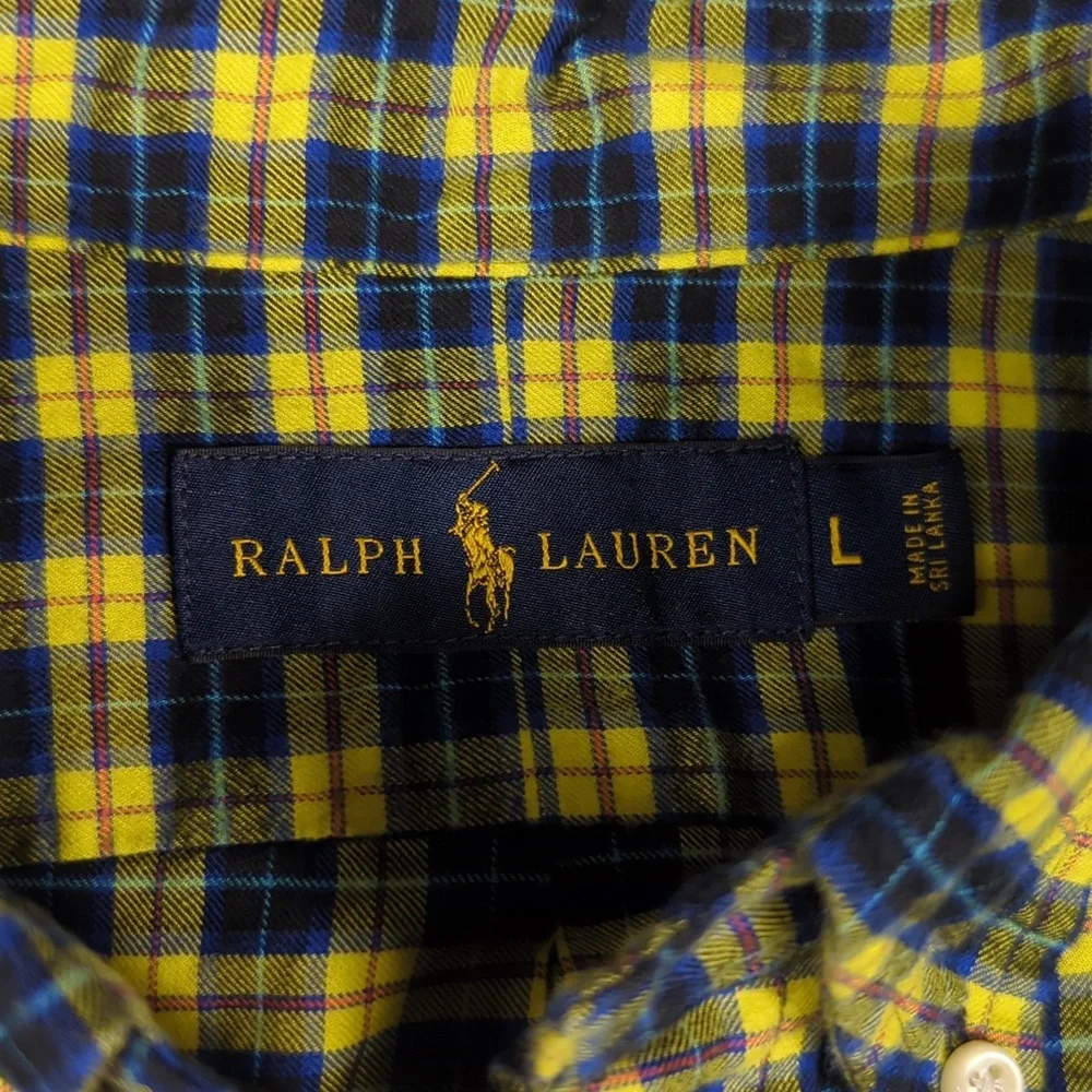 Polo Ralph Lauren Yellow & Blue Plaid‎ Long Sleeve Button-down Mens Shirt Size L